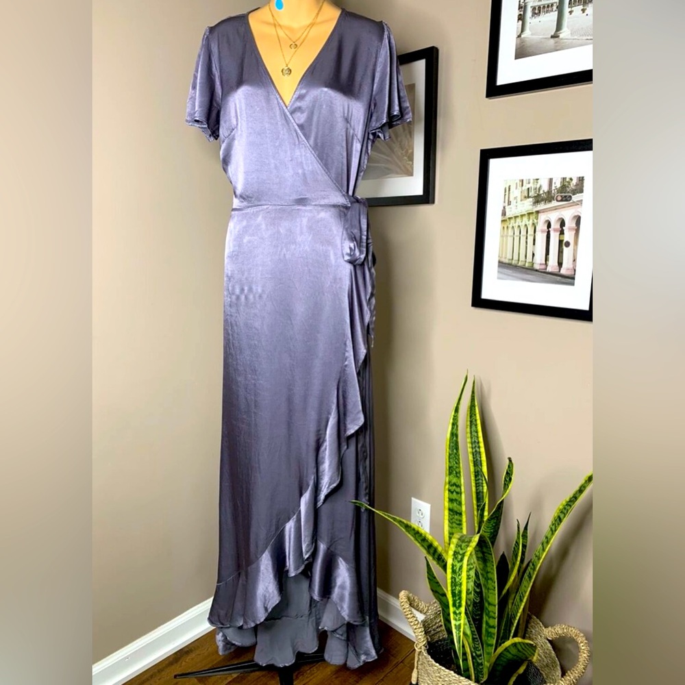 BHLDN Ghost London Phoebe Dress - Blue/Purple/Grey Silky Gown - Size S/M